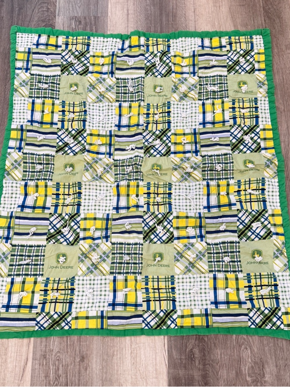 Handmade John Deere Plaid Patchwork Baby Quilt Green, Yellow, White, Blue